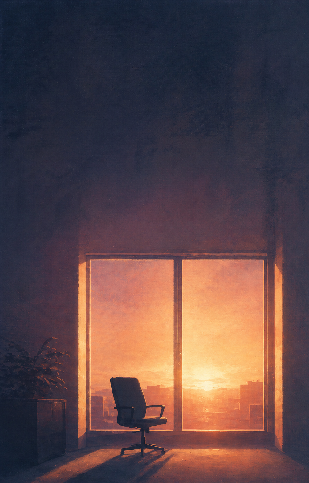 A bright office window with intense daylight pouring in against the cool dim shadow of an indoor room