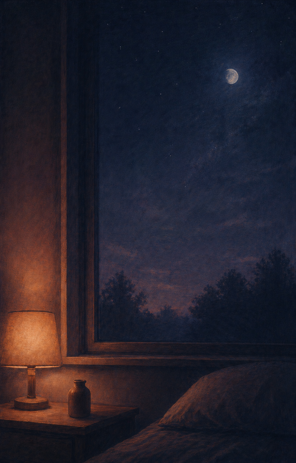 A small bottle on a wooden nightstand softly lit by a single warm bedside lamp