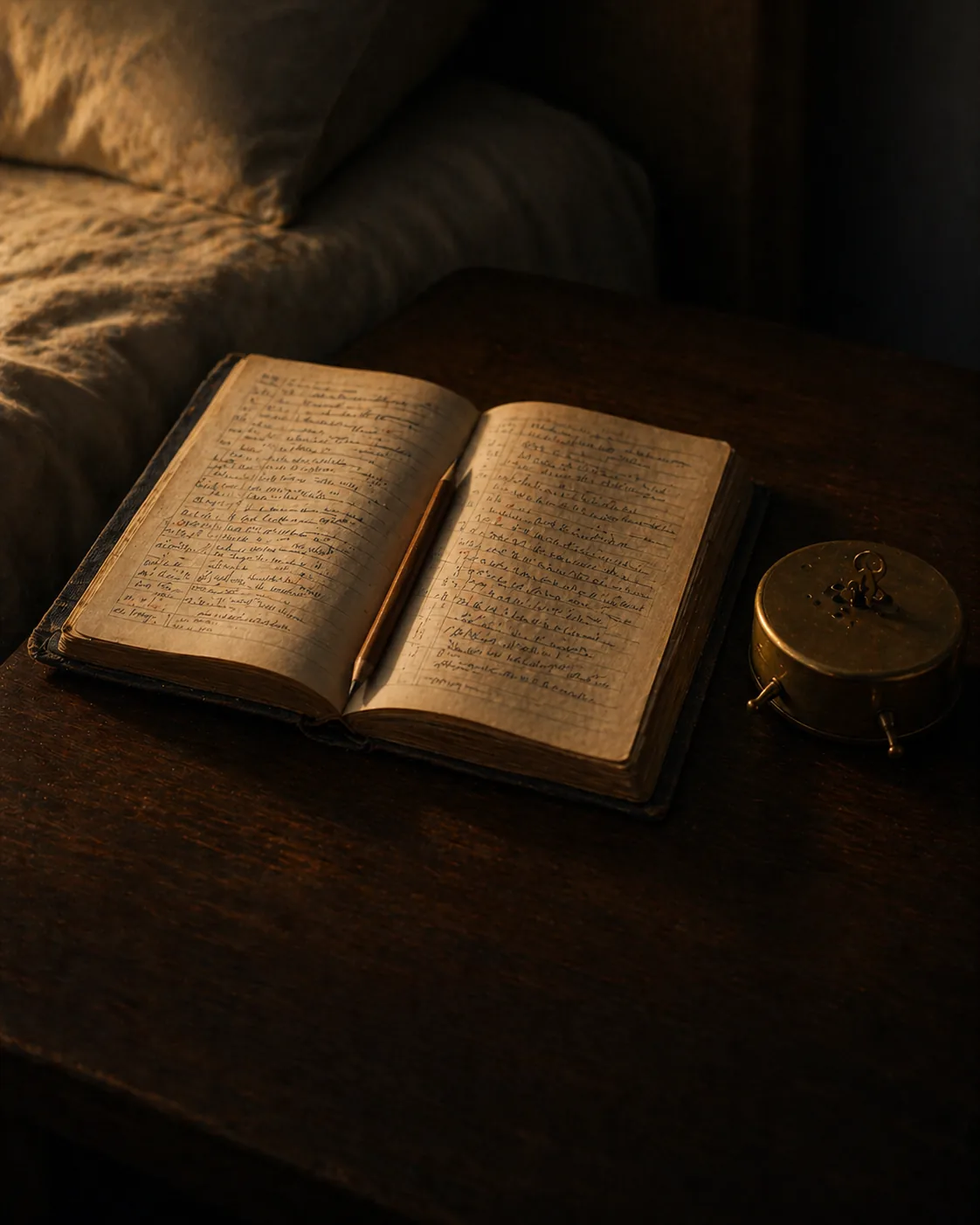 A dim bedroom with a notebook, pencil, and small bedside clock arranged like a quiet sleep therapy worksheet