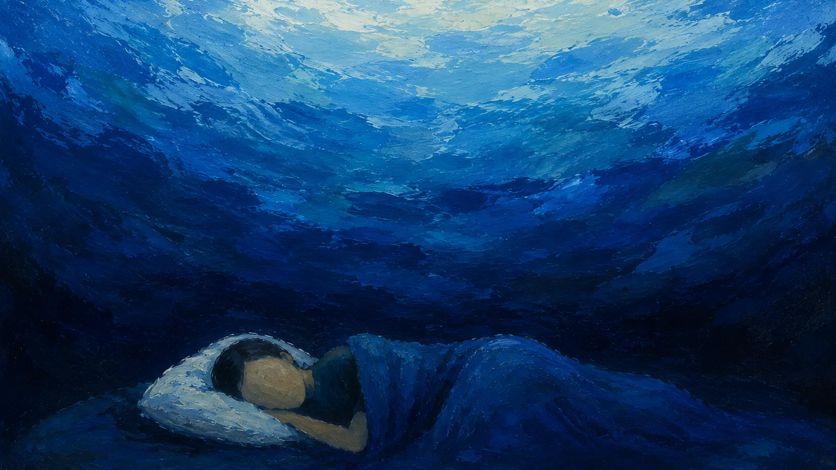 A sleeping person under deep blue water, as a visual metaphor for sleep becoming unreachable to the day.