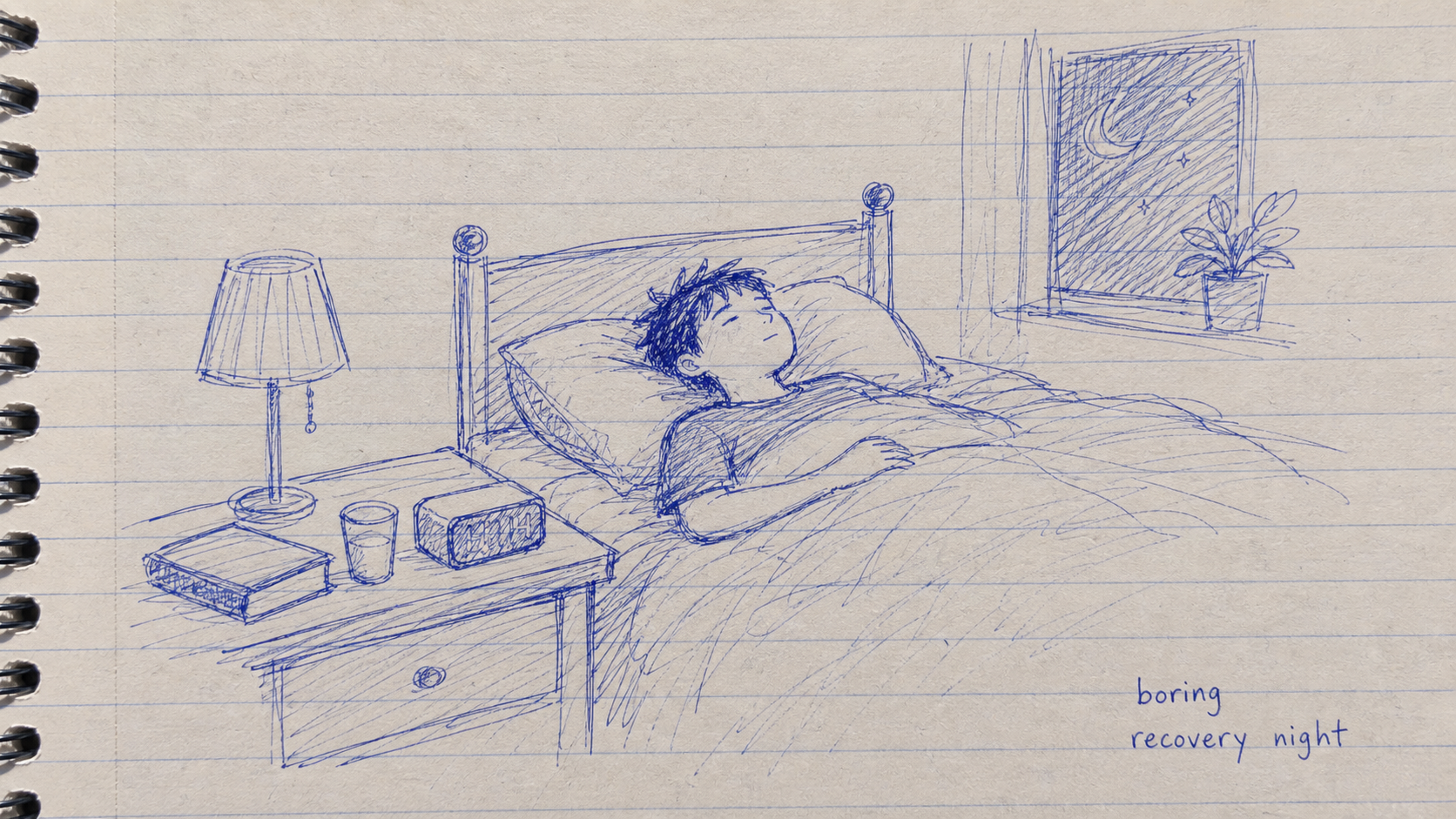 A blue pen sketch of a quiet recovery night, with a person resting in bed and the clock turned away.