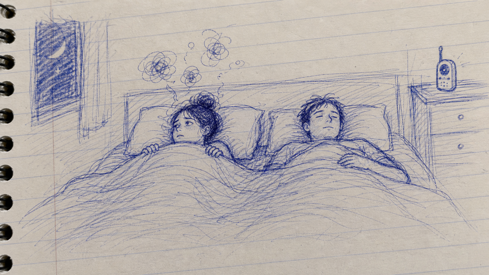 A blue pen sketch of two adults in bed after the same broken night, one more worried and one less alarmed.